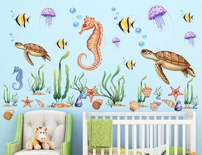 4 Sheets Ocean Animals Wall Decals Under The Sea World Wall Decals Removable DIY Turtles Seahorses Jellyfish Fish Seaweed Decor for Kids Bedroom Bathroom Living Room Playroom Kitchen Decoration