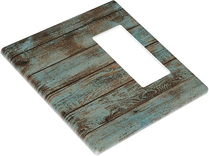 Vintage Green Wood Texture Combo Single Blank 1 Rocker Light Switch Wall Plate Cover Decorative 2-Gang for Electrical Room Bathroom Bedroom Home Kitchen One Decora Receptacle 4.5" x 4.6"