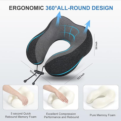 Travel Pillow, Best Memory Foam Neck Pillow Head Support Soft Pillow for Sleeping Rest, Airplane Car & Home Use (Black-E)