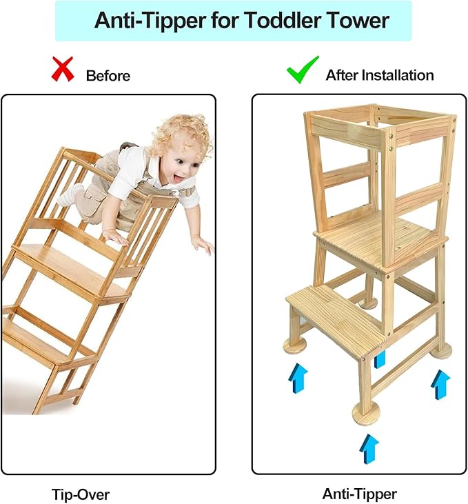 Toddler Tower Anti-Tipper 4 Pcs, Anti Tip Standing Tower Pads for Child Baby Proofing, Tilt protection Compatible with Kids Kitchen Stool Helper (Natural)