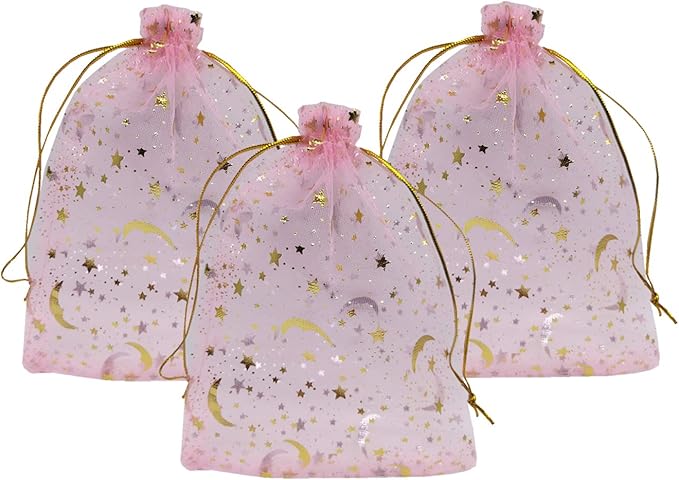 100pcs Organza Bags Moon and Stars Baby Shower Favor Bags Jewelry Candy Gift Card Bags With Gold Line Drawstring Pouches (Pink, 5x7)