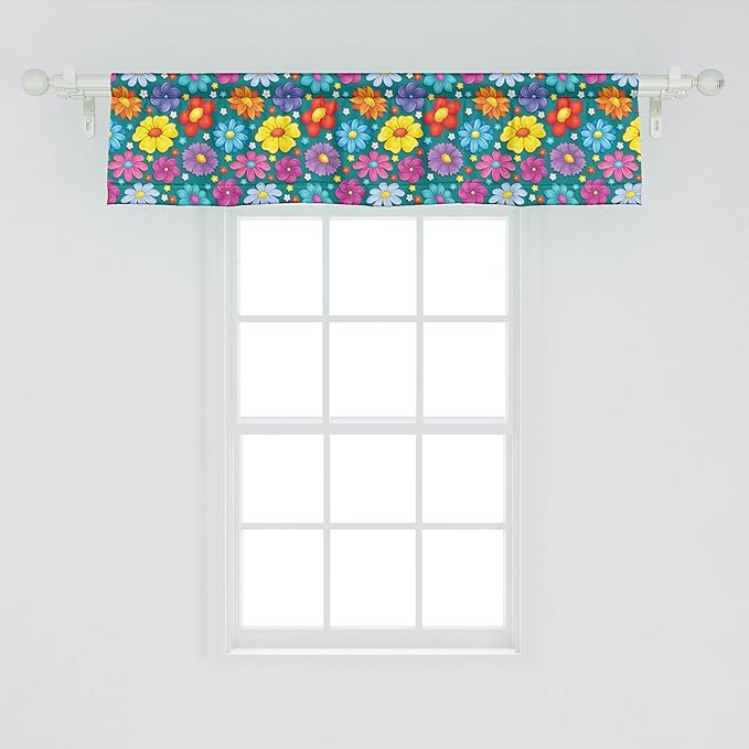 Ambesonne Flower Window Valance, Art Blooming Daisy Peony Lily with Colorful Petals Spring Garden Scenario Print, Curtain Valance for Kitchen Bedroom Decor with Rod Pocket, 42" x 12", Teal Multicolor