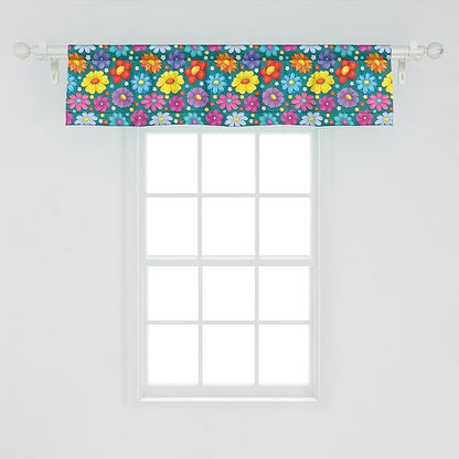 Ambesonne Flower Window Valance, Art Blooming Daisy Peony Lily with Colorful Petals Spring Garden Scenario Print, Curtain Valance for Kitchen Bedroom Decor with Rod Pocket, 42" x 12", Teal Multicolor