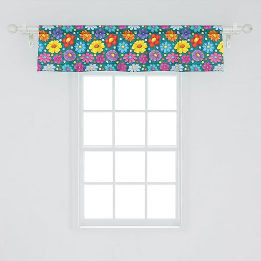 Ambesonne Flower Window Valance, Art Blooming Daisy Peony Lily with Colorful Petals Spring Garden Scenario Print, Curtain Valance for Kitchen Bedroom Decor with Rod Pocket, 42" x 12", Teal Multicolor