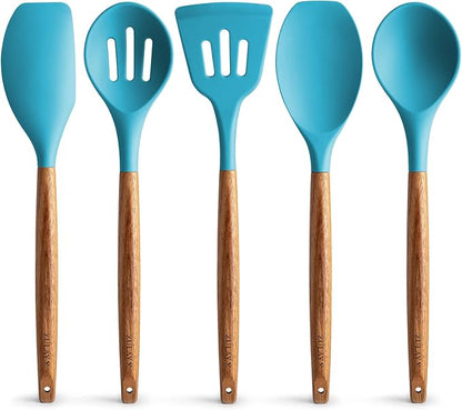 Zulay Kitchen Utensils Set Non-Stick Silicone Cooking Utensils Set with Authentic Acacia Wood Handles - 5 Piece Silicone Utensil Set - Silicone Kitchen Utensils Set with 464°F Heat Resistance - Blue