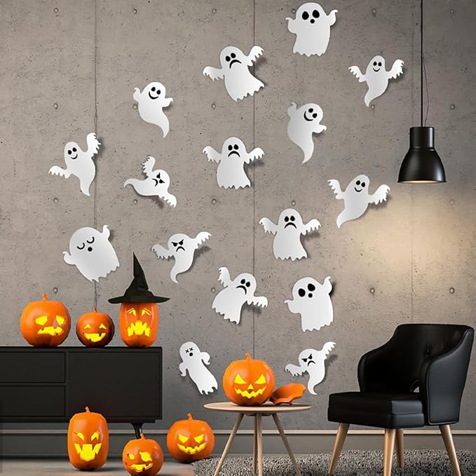 24Pcs Halloween Ghost Wall Decor 3D Ghost Stickers Decor Reusable Cute Halloween Decor Self-Adhesive White Ghost Wall Decorations for Gothic Window Door Wall Room Closet Halloween Home Decor Stickers