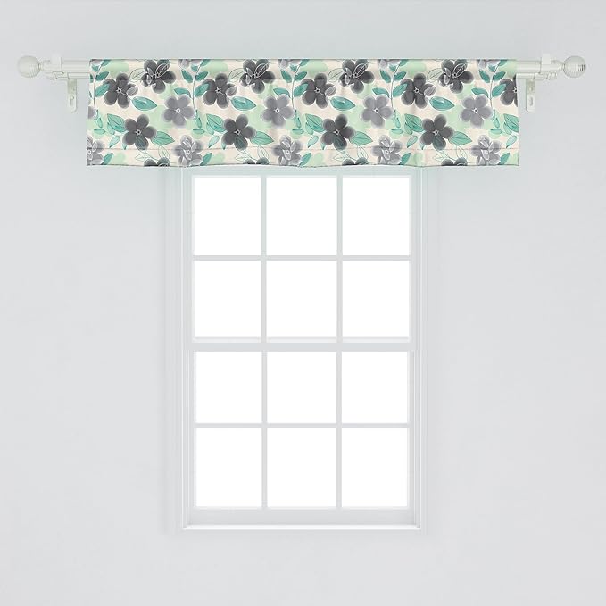 Ambesonne Floral Window Valance, Abstract Nostalgia Pattern with Retro Blooms and Leaves Romantic, Curtain Valance for Kitchen Bedroom Decor with Rod Pocket, 42" x 12", Charcoal Grey Mint Green