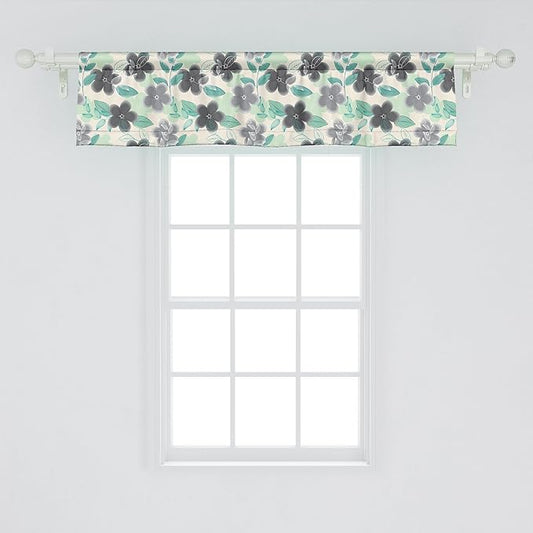 Ambesonne Floral Window Valance, Abstract Nostalgia Pattern with Retro Blooms and Leaves Romantic, Curtain Valance for Kitchen Bedroom Decor with Rod Pocket, 42" x 12", Charcoal Grey Mint Green