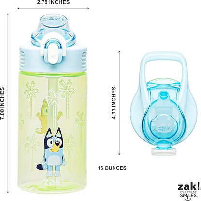 Zak Designs Sage Bluey Kids Water Bottle For School or Travel, 16oz Durable Plastic Water Bottle With Straw, Handle, and Leak-Proof, Pop-Up Spout Cover (Bluey & Bingo)