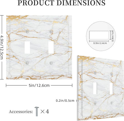 White Gold Marble Double Toggle Light Switch Covers 2 Gang Wall Plate Dual Decorative Switchplate Electrical Faceplate for Bathroom Country Kitchen Bedroom Decor, 4.9" x 5"