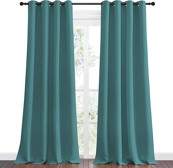 NICETOWN Blackout Curtains for Kids Room - Triple Weave Microfiber Home Thermal Insulated Solid Ring Top Blackout Panels/Drapes for Bedroom(Sea Teal, Set of 2, 55 x 90 Inch)