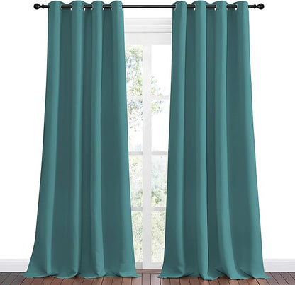 NICETOWN Blackout Curtains for Kids Room - Triple Weave Microfiber Home Thermal Insulated Solid Ring Top Blackout Panels/Drapes for Bedroom(Sea Teal, Set of 2, 55 x 96 Inch)