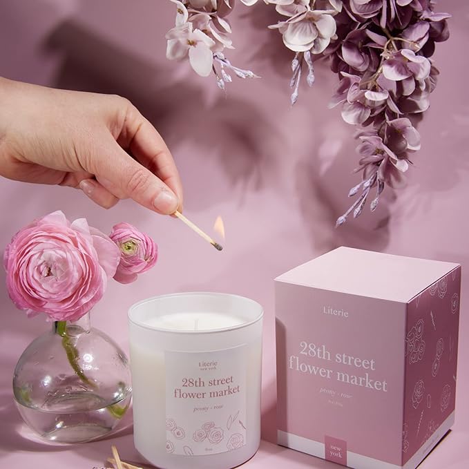 NYC Inspired Scented Candle: 28th Street Flower Market - Peony & Rose Scent, 9oz, 50 Hour Burn, Vegan Soy & Coconut Blend Candle for Home Decor, Gift for Women & Men