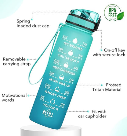 1L/750ml Motivational Water Bottle with Time Marker, Leak-proof BPA Free Drink Bottle with Fruit Strainer or straw, Perfect for Fitness, Gym and Outdoor Sports