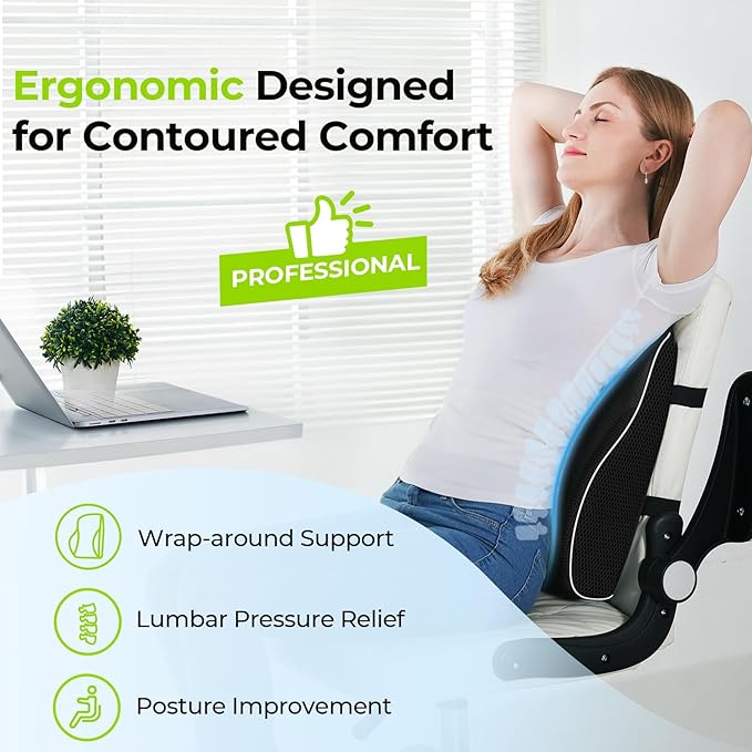 AUVON Lumbar Support Pillow for Office Chair with Patented Bulge for Lower Back Pain Relief, Ergonomic Lumbar Cushion Improves Posture, Memory Foam Back Cushion with Straps for Home, Office, Car Seat