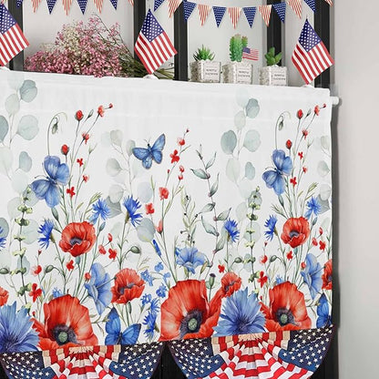 Vandarllin Summer 4th of July Kitchen Curtains Valances for Windows Patriotic Poppy Flowers Eucalyptus Rod Pocket Window Treatment for Kitchen/Living Room/Bedroom/Bathroom, 42" X 12", Blue Red