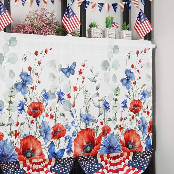 Vandarllin Summer 4th of July Kitchen Curtains Valances for Windows Patriotic Poppy Flowers Eucalyptus Rod Pocket Window Treatment for Kitchen/Living Room/Bedroom/Bathroom, 54" X 18", Blue Red