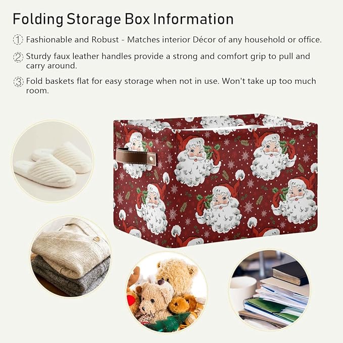 Christmas Santa Claus Red Storage Basket Fabric Kitchen Baskets Winter Snowflake Xmas Decorations Open Home Storage Bins Boxes Foldable Organizer Bag for Toy Book Shelf Closet Baskets 16×12×8 Inches