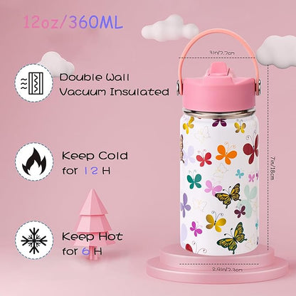 12oz Kids Insulated Water Bottle with Flip Straw & Big Handle, Butterflies, Double Wall 18/8 Stainless Steel, Leakproof Gift for Kids Girls to School Travel Sports, Hands Wash Only, Pink