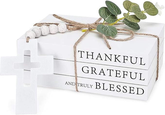 Decorative Books for Home Decor, Fake Books for Decoration, Wooden Faux Books for Decoration, Farmhouse Book Decor (Thankful Grateful and Truly Blessed)