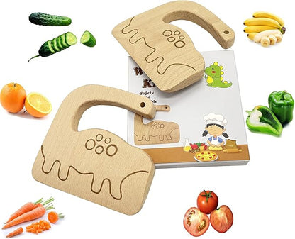 Wooden Kids Knife for Cooking, Toddler Safe Knife for Cutting Vegetable Fruit, Cute Dinosaur Shape Kids Kitchen Tools- Kids Chef Knife with Original Wood, No Paint