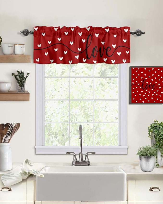 Vandarllin Valentines Day Hearts Valances Kitchen Curtains for Windows, Valentines Decor LOVE Rod Pocket Valances Red White Short Curtains for Bedroom/Living Room,54" X 18" -1 Panel