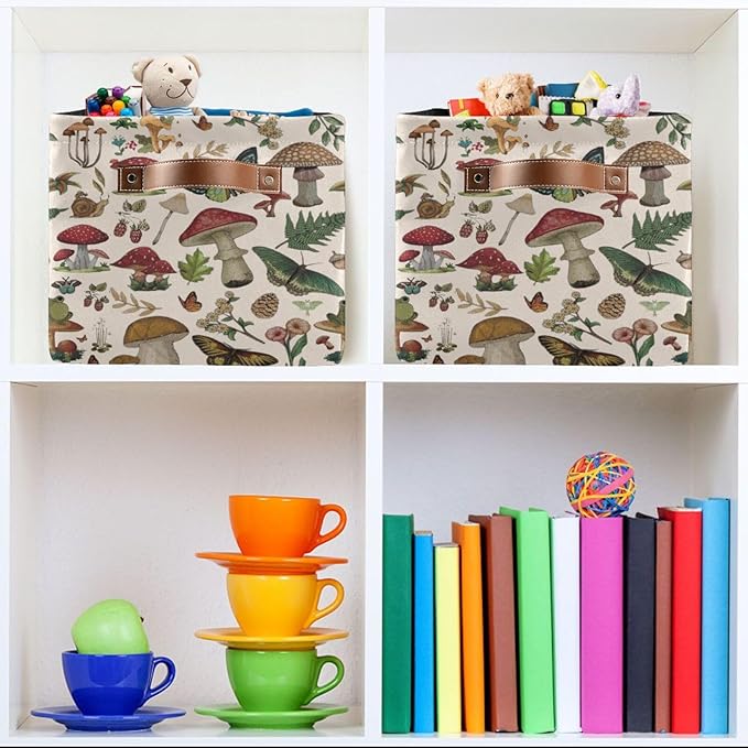 Wild Flower Botanical Mushroom Storage Basket Bin for Shelves Closet Butterfly Floral Foldable Fabric Storage Box Cube with Handles Kid Gift Toys Shelf Basket Organizer for Bedroom Nursery Home Decor