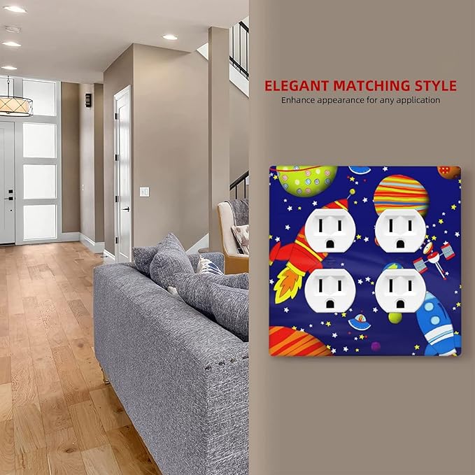 Space Astronaut Double Outlet Switch Wall Plate Cover Decorative 2-Gang for Electrical Boys Kids Room Bathroom Bedroom Home Kitchen Two Receptacle Polycarbonate Power Gear 4.5" x 2.76"