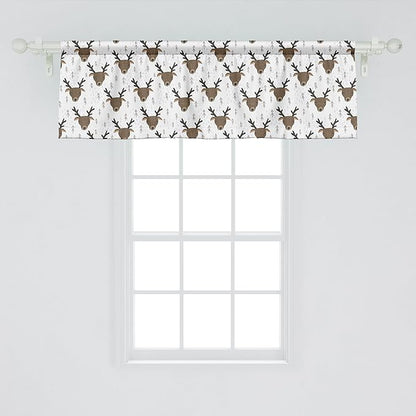 Ambesonne Landscape Window Valance, Winter Woods Theme Pattern of Deer Heads with Antlers and Fir Trees, Curtain Valance for Kitchen Bedroom Decor with Rod Pocket, 42" x 18", White Sepia Dark Taupe