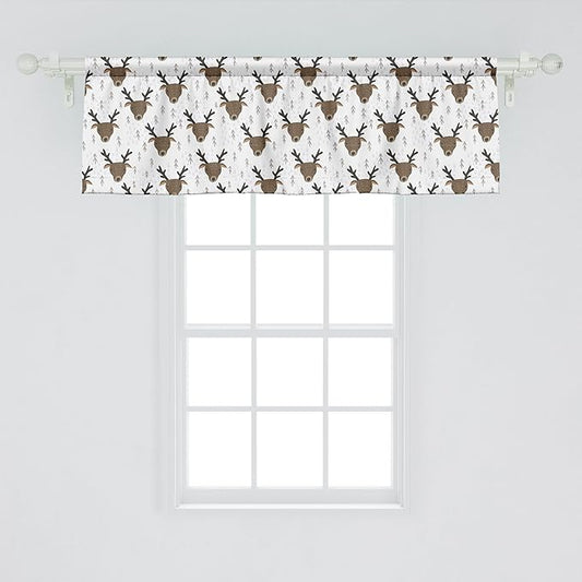 Ambesonne Landscape Window Valance, Winter Woods Theme Pattern of Deer Heads with Antlers and Fir Trees, Curtain Valance for Kitchen Bedroom Decor with Rod Pocket, 42" x 18", White Sepia Dark Taupe