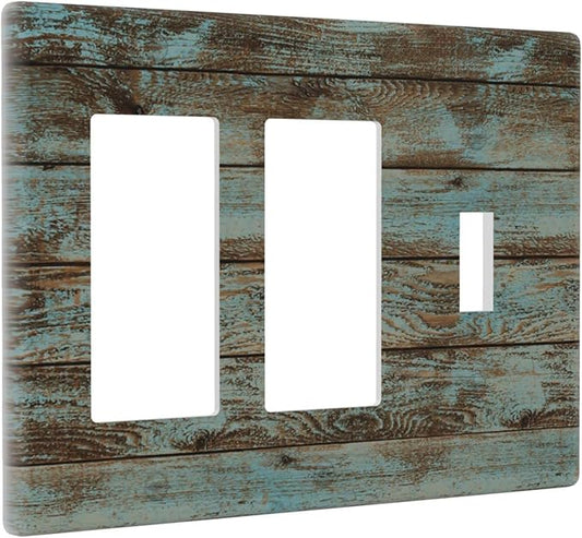 Vintage Green Wood Texture Combo 2 Rocker 1 Toggle Light Switch Wall Plate Cover Decorative 3-Gang for Electrical Outlets Room Bathroom Bedroom Home Kitchen Two Decora Receptacle 4.5" x 6.38"