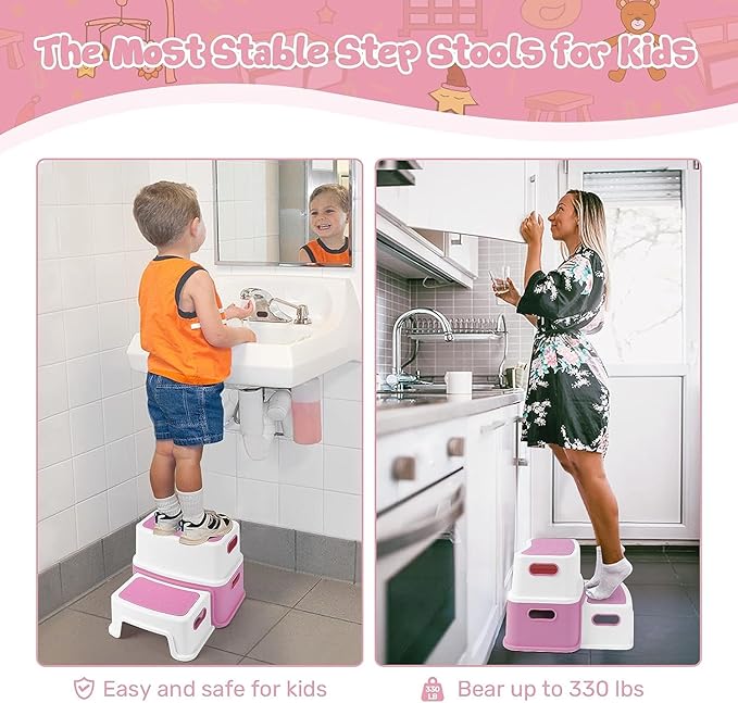 2 Step Stools for Kids, Toddler Step Stool for Toilet Potty Training, Anti-slip Potty Stools with Numbers/ABC, Bathroom Step Stool for Kitchen