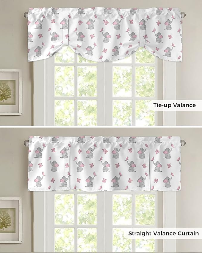 Tie Up Valance for Kitchen Living Room Farmhouse - Cute Girly Pink Baby Elephant and Butterfly Rod Pocket Adjustable Tie-up Shade Valance for Small Window, Balloon Drape Valance 42x12 inches