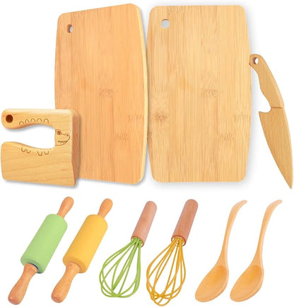 Wooden Kids Safe Knife and Kids Baking Set for Real Cooking, 10 PCS Toddler Montessori Kitchen Tools, Cooking and Baking for Kids Little Chefs Montessori Kitchen Tools for Toddlers-Kids Cooking Sets