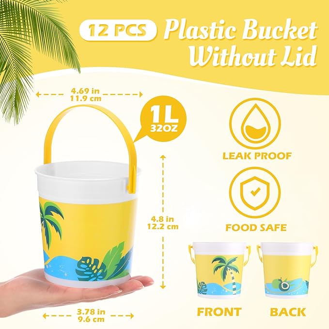 Yaomiao 32 oz Plastic Cocktail Rum Buckets for Drinks with 100 Colorful Straws Portable Drink Buckets for Parties Reusable Punch Bowls for Summer Beach Bar Kitchen (12 Pcs)