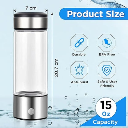 15 oz. Hydrogen Water Bottle Portable Hydrogen Water Ionizer Machine USB Rechargeable Hydrogen Water Generator Hydrogen Rich Water Glass Health Cup for Home Travel