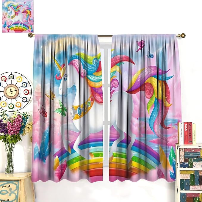 Unicorn Curtains Pink Kids Cartoon Room Darkening Decor Curtains Boys Girls Baby Room Decor Curtains Living Room Kitchen Decor 55x63 Inch 2 Panels