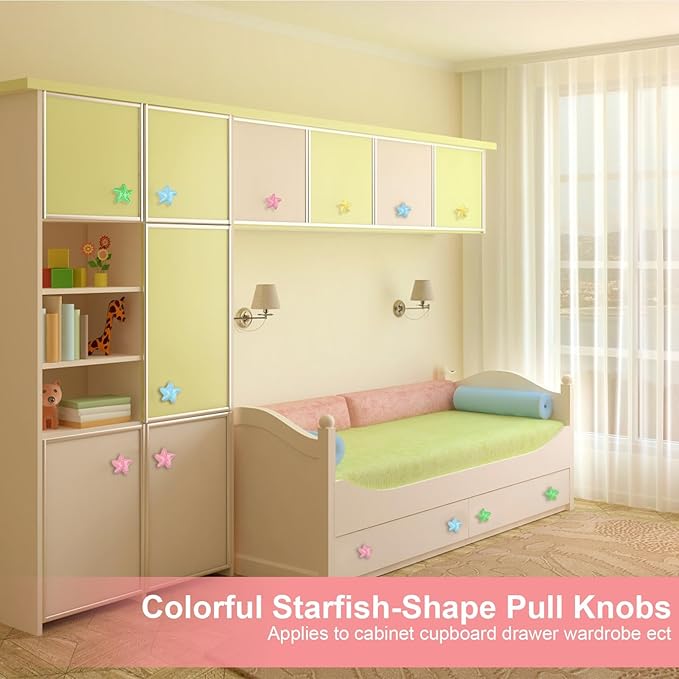 4X Colorful Cute Glossy Ceramic Knobs Starfish-Shape Lovely Door Pull Knob Cabinet Closet Ceramic Drawer Cupboard Kitchen Dresser Kids Child Bedroom Pulls Wardrobe Handles