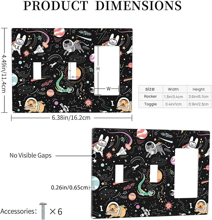 Space Cute Cat Dog Decorative Combo 2 Toggle 1 Rocker Light Switch Cover Wall Plate Single Decora 3 Gang for Electrical Outlet Kitchen Kids Boys Room Bedroom Bathroom Home Novelty Decorate