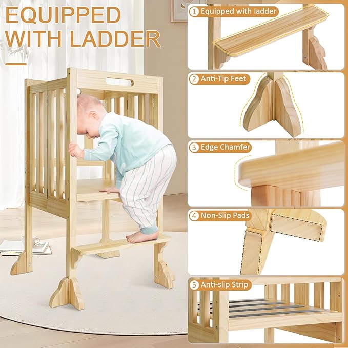 WOOD CITY Kitchen Step Stool Helper - Montessori Foldable Standing Tower for Toddlers with Safety Rail, Height Adjustable Ideal Helper for Learning New Skills, Natural Pure Pine Wood (Natural)