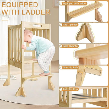 WOOD CITY Kitchen Step Stool Helper - Montessori Foldable Standing Tower for Toddlers with Safety Rail, Height Adjustable Ideal Helper for Learning New Skills, Natural Pure Pine Wood (Natural)