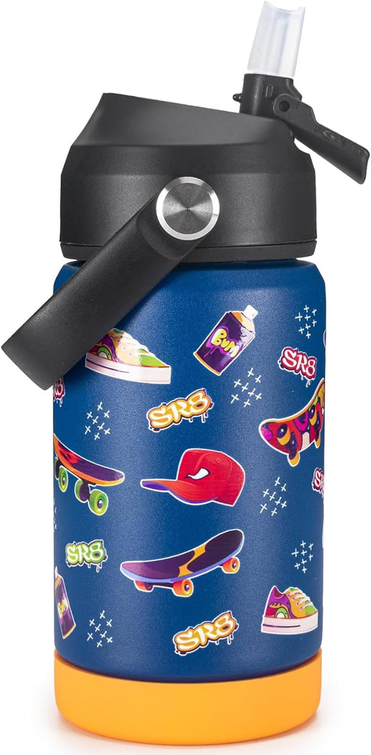 12 oz Insulated Water Bottle With Straw, Sports Water Cup Flask with Wide Mouth, Leak Proof Travel Thermo Mug - Blue Skateboard