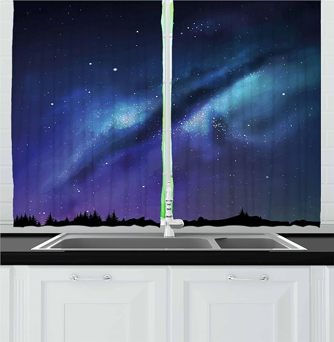 Ambesonne Night Kitchen Curtains, Milky Way Inspired Nebula Cluster Galaxy Cosmos Constellation, Window Drapes 2 Panel Set for Kitchen Cafe Decor, 55" x 30", Blue Black