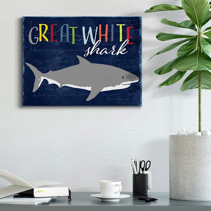 Renditions Gallery Canvas Animal Wall Art Home Paintings & Prints Smiling Playful White Shark Modern Abstract Vibrant Wall Hanging Decorations for Kids Bedroom Nursery - 18"x27" LT33