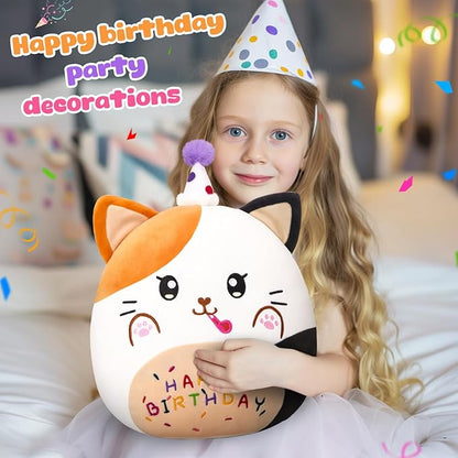 14” Birthday Cat Plush Pillow,Cute Cat Birthday Stuffed Animal,Kawaii Cat Plushie,Cat Happy Birthday Pillow,Soft Cat Plush Toy Decor Birthday Gift for Kids Toddlers Girls Boys (Calico Cat)