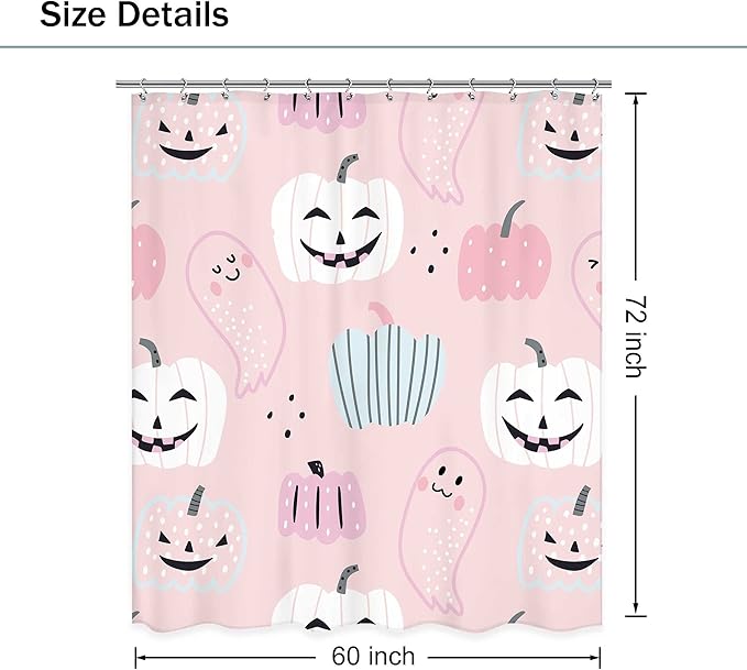 Pink Halloween Pumpkin Shower Curtain 60Wx72L Inch Cartoon Cute Ghost Kids Shower Curtain Bathroom Set Funny Spooky Girl Child Trick or Treat Bath Curtain Bathtub Accessories Home Decor