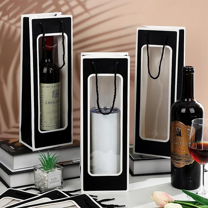 Yeaqee 50 Pcs Wine Gift Bags for Wine Bottles 4.92" x 3.35" x 14.2" Reusable Clear Window Wine Bottle Bags Bulk with Handles for Weddings, Birthday(Black, Elegant)