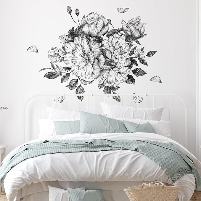 Zonon Flowers Wall Decals Vinyl Dragonflies Flowers Wall Stickers Removable Floral Wall Murals Peel and Stick Colorful Flower Wall Decor for Bedroom Living Room Nursery(Floral Peony)