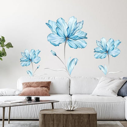 Zonon Flowers Wall Decals Vinyl Dragonflies Flowers Wall Stickers Removable Floral Wall Murals Peel and Stick Colorful Flower Wall Decor for Bedroom Living Room Nursery(Blue Flower)