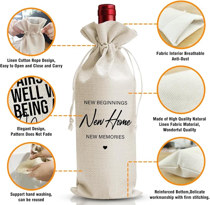 DOI-LANEE Get Home Wine Bag, New Beginnings Gift Bag for Homeowners, Housewarming Gift Wine Bag for Women, New Beginnings New Home New Memories, New House Gifts, Realtor Gift to Client